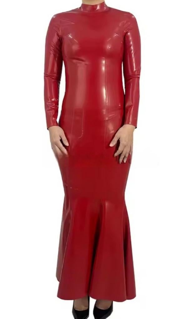 Rode latex jurk met hoge hals, tm 3XL(op maat), Verzenden, Nieuw, Rood, Onder de knie