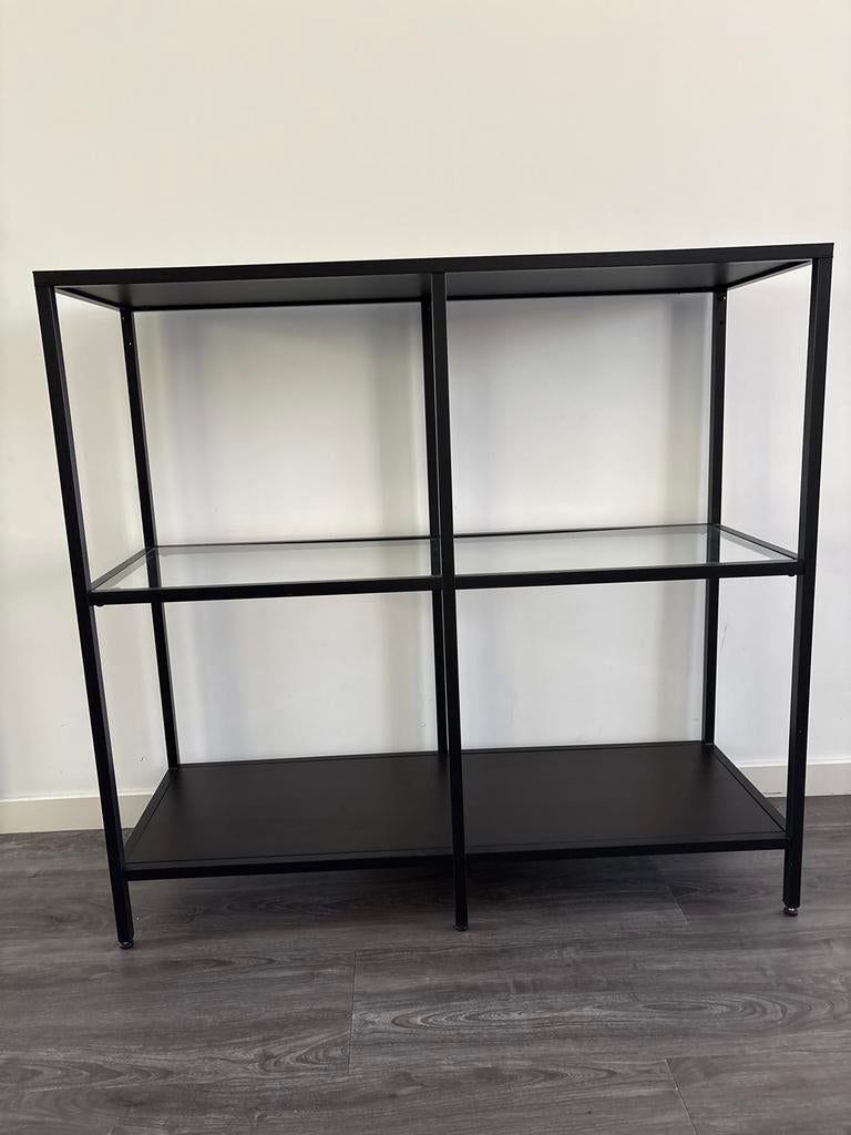 Open kast zwart staal met donker hout en glas, Ophalen, Gebruikt