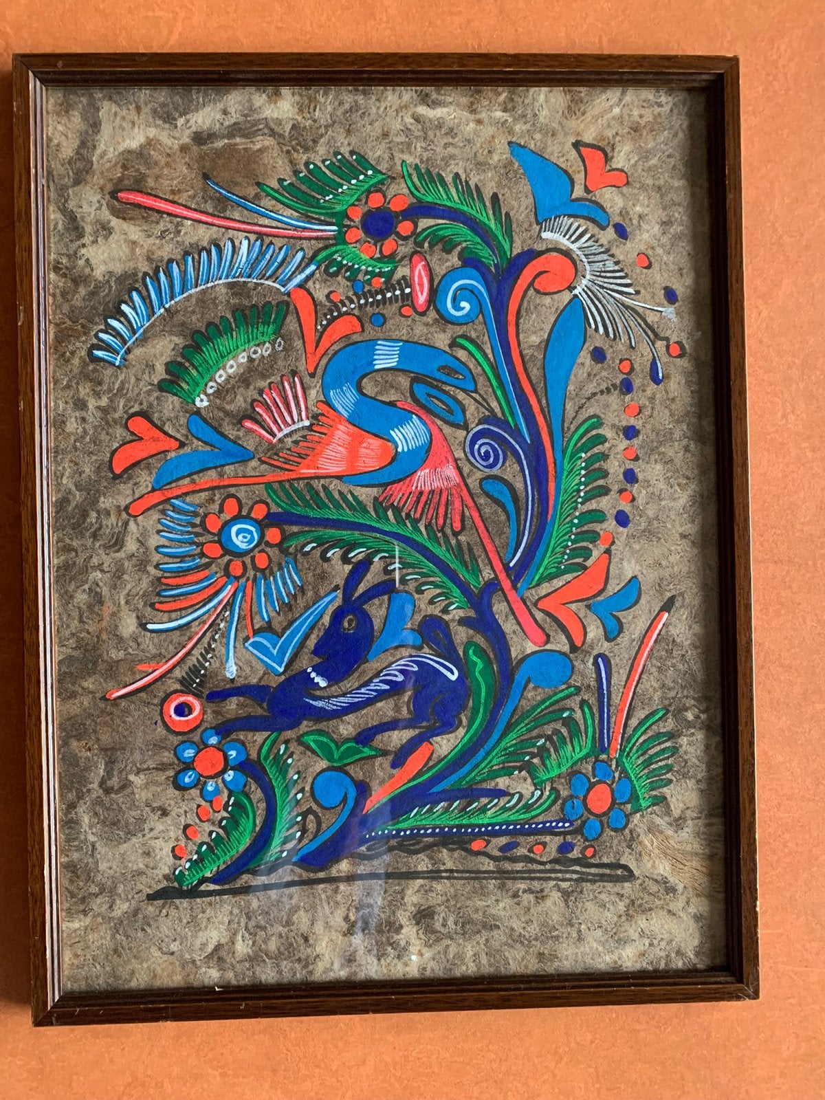 Vrolijke schildering op geschept papier in houten lijstje., Antiek en Kunst, Ophalen of Verzenden