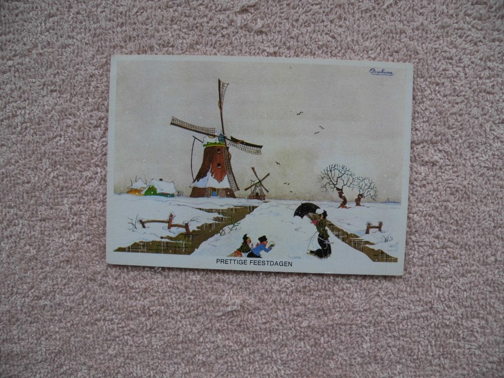 Vintage Kerstkaart Molen Winterlandschap Barbara van Kampen, Ophalen of Verzenden, 1960 tot 1980, Ongelopen, Feest(dag)