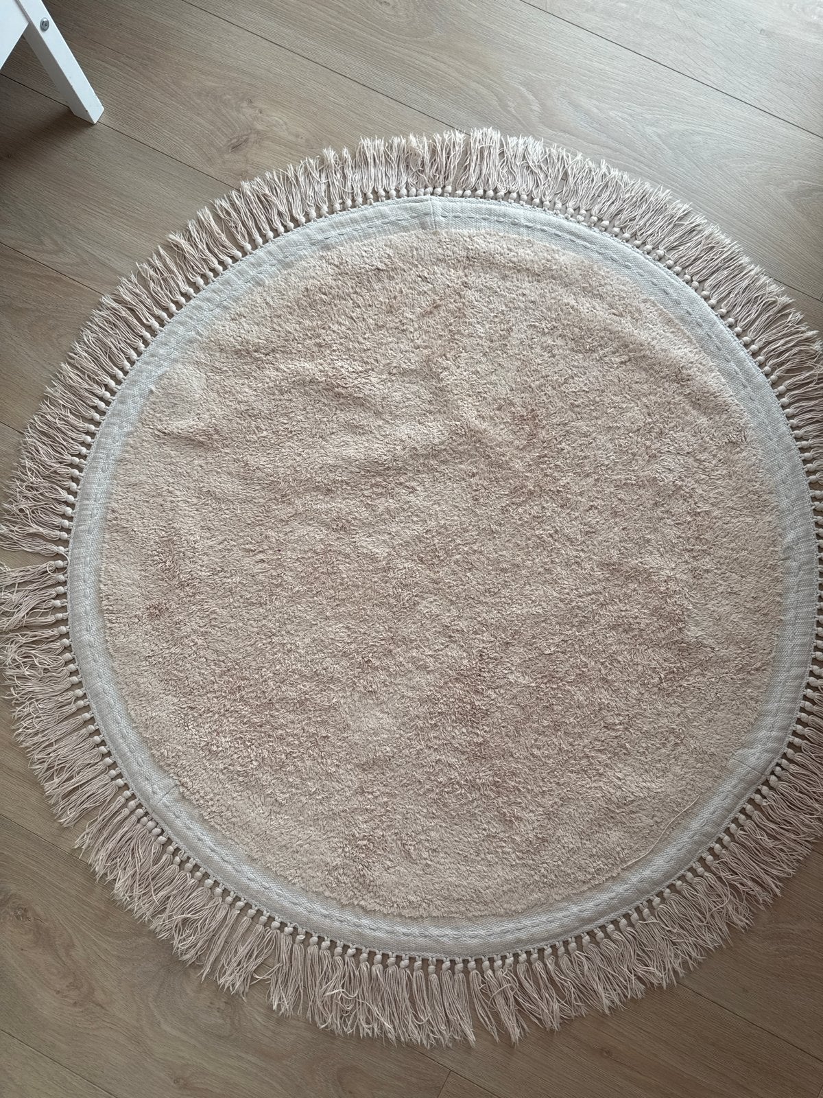 Rond vloerkleed met franjes - Beige/Crème, Huis en Inrichting, Stoffering | Tapijten en Kleden, Ophalen, Gebruikt, Beige, Rond