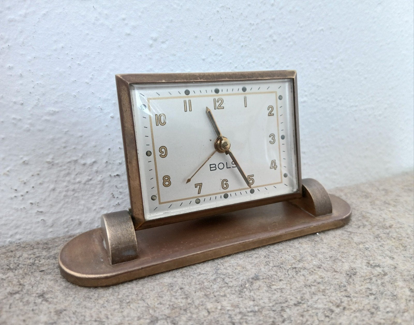 vintage messing mechanisch bureauklokje, wekker - Bols, Antiek en Kunst, Antiek | Klokken, Ophalen of Verzenden