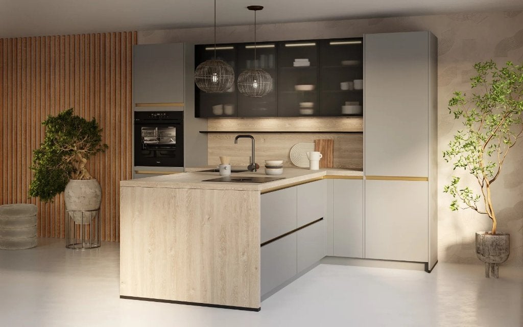 Showroomkeuken Empoli Taupe van €13.968,- voor € 6.000,-, Huis en Inrichting, Ophalen, Overige typen, Nieuw, Kunststof