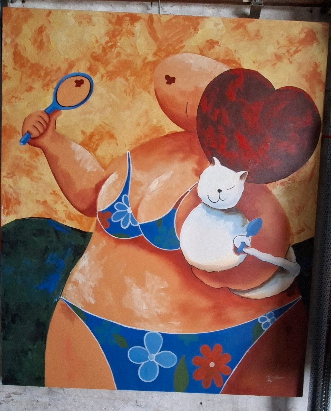 Modern schilderij: Vrouw met kat en spiegel (100x110cm), Ophalen, Figuren, Handgeschilderd, Olieverf