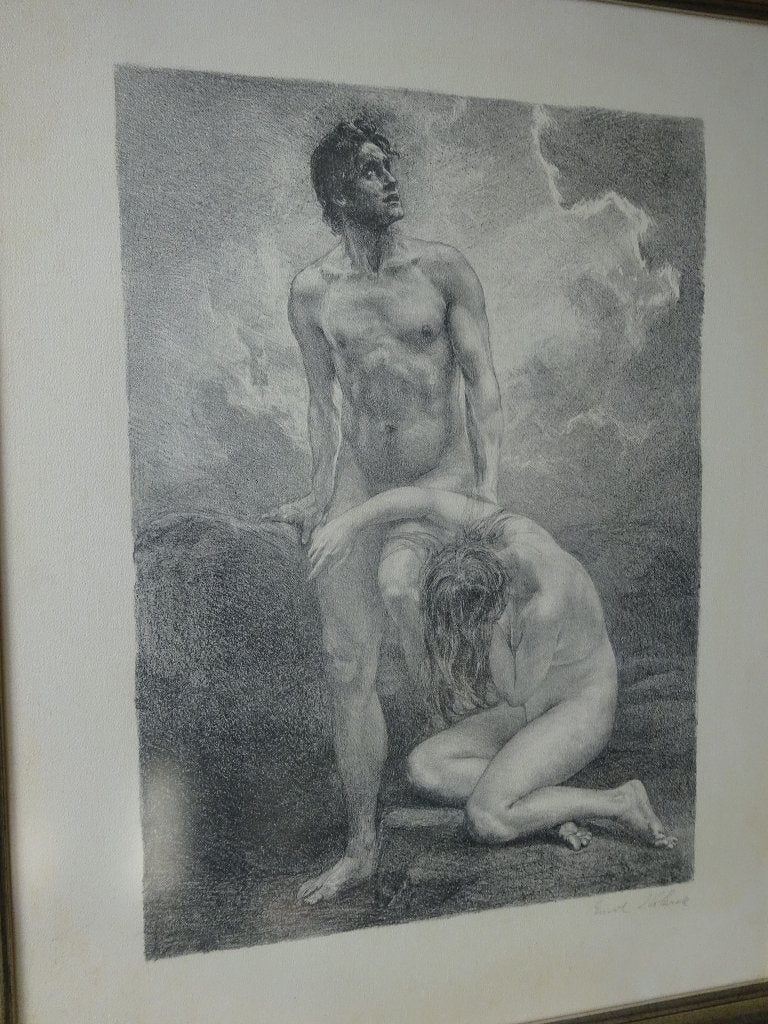 Emil Holárek steendruk gesigneerd Adam en Eva 1867-1919, Antiek en Kunst, Ophalen, Portret en Figuren, Gelimiteerde oplage, Overige techniek