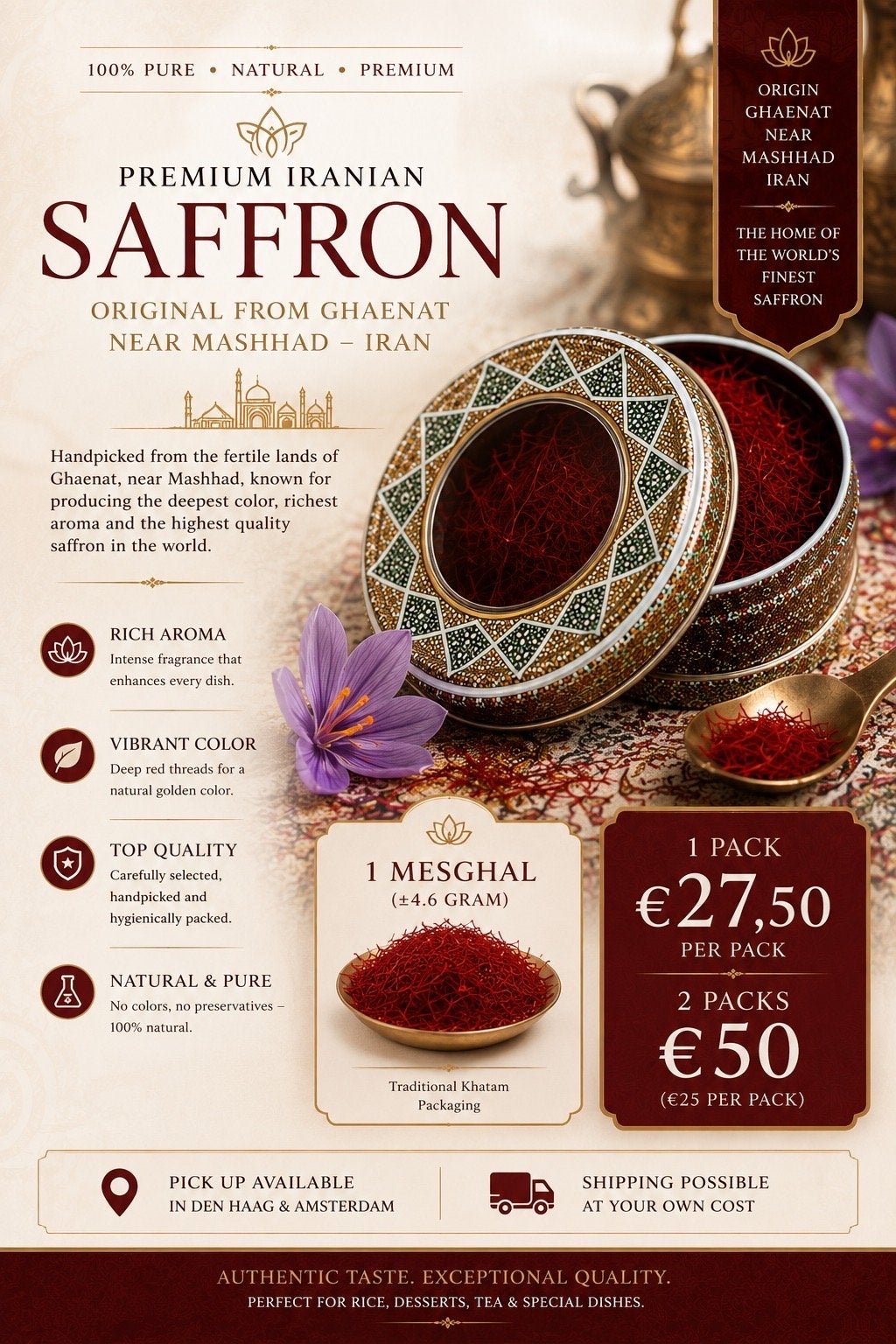 Premium Iraanse Saffraan uit Ghaenat | 4,6g | 1 Mesghal, Diversen, Ophalen