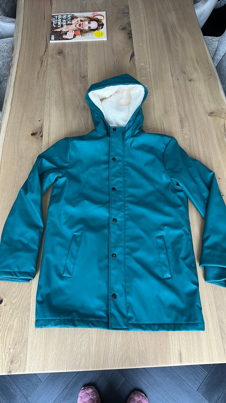 Regenjas petrol groen gevoerd mt 158/164 Hema, Ophalen of Verzenden, Zo goed als nieuw, Jongen of Meisje, Jas