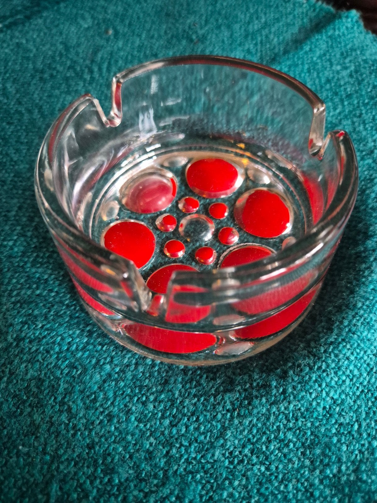 Vintage glazen asbak met rode noppen, Ophalen of Verzenden