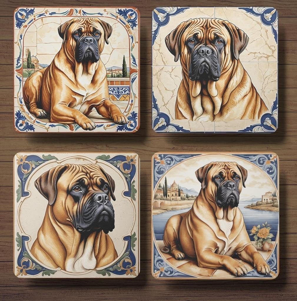 Bullmastiff Italiaans tegeltje onderzetters met houder, Ophalen of Verzenden, Nieuw
