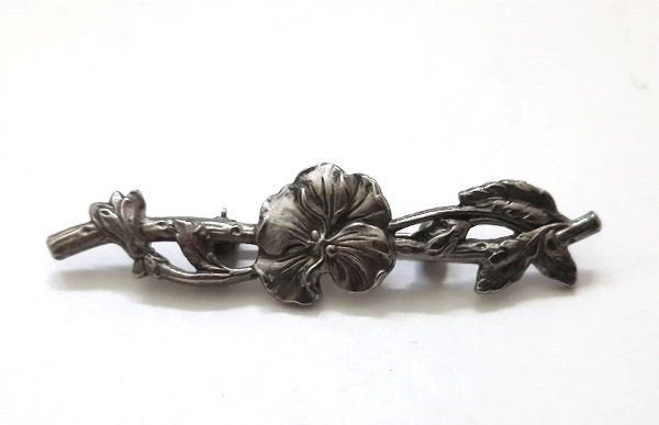 Prachtige vintage verzilverde staafbroche met viooltje, Sieraden, Tassen en Uiterlijk, Ophalen, Zo goed als nieuw, Zilver, Overige materialen