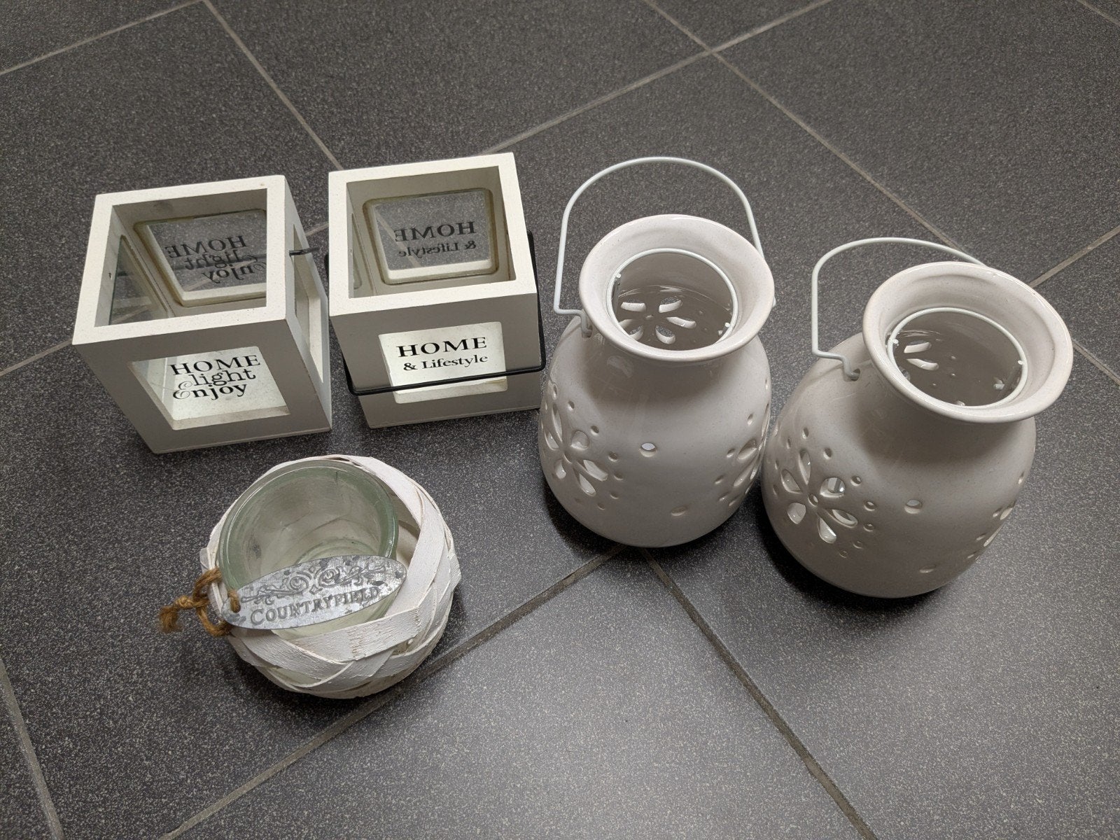 SET VAN 5: waxinehouders waxinelichtjes windlicht, 10 cm, Gebruikt, Wit, Waxinelichthouder