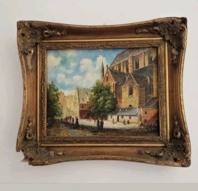 Olieverf op paneel - Stadsgezicht met kerk, Ophalen of Verzenden