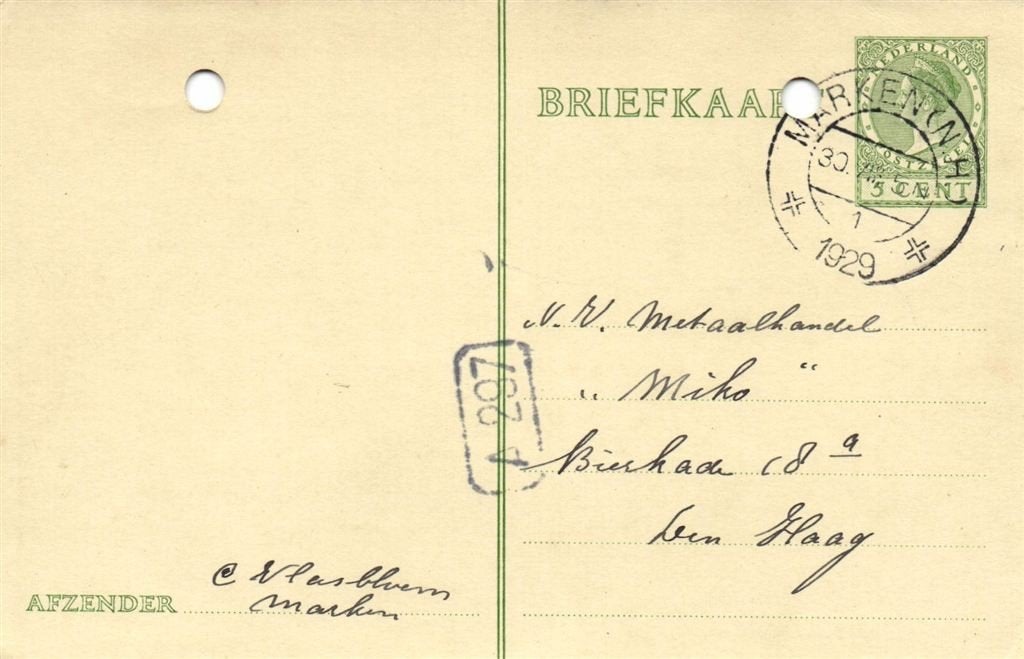 C. Vlasbloem, Marken - 08.1929 - briefkaart, Ophalen of Verzenden, Briefkaart