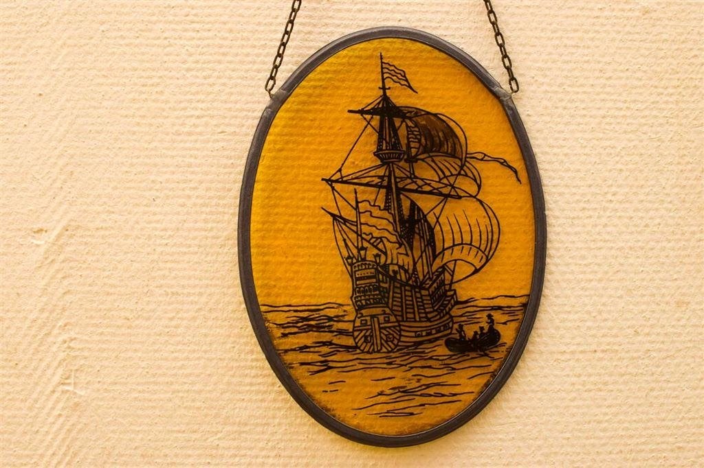Glas in lood raam met een zeilschip op zee 49266, Ophalen of Verzenden, Gebruikt