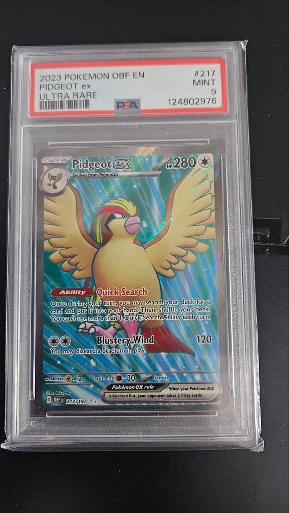Pidgeot ex 217/197 PSA 9 Mint - Obsidian Flames, Ophalen of Verzenden, Zo goed als nieuw, Losse kaart, Foil