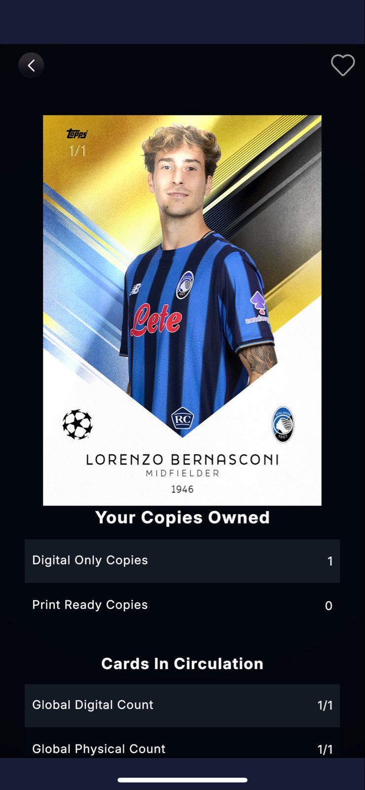 Topps Lorenzo Bernasconi 1/1 Voetbal Spelerskaart, Ophalen, Zo goed als nieuw, Buitenlandse clubs, Spelerskaart
