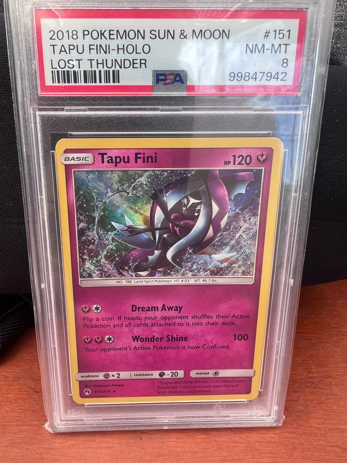Tapu Fini Holo PSA 8 Pokemon Sun & Moon Lost Thunder, Ophalen of Verzenden, Zo goed als nieuw, Losse kaart, Foil