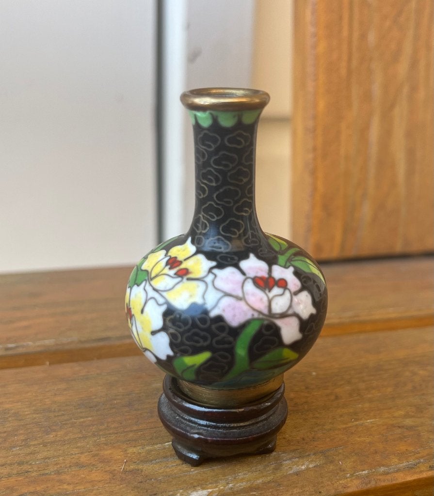 Vintage kleine cloisonne vaas | zwart met bloemen, Ophalen of Verzenden