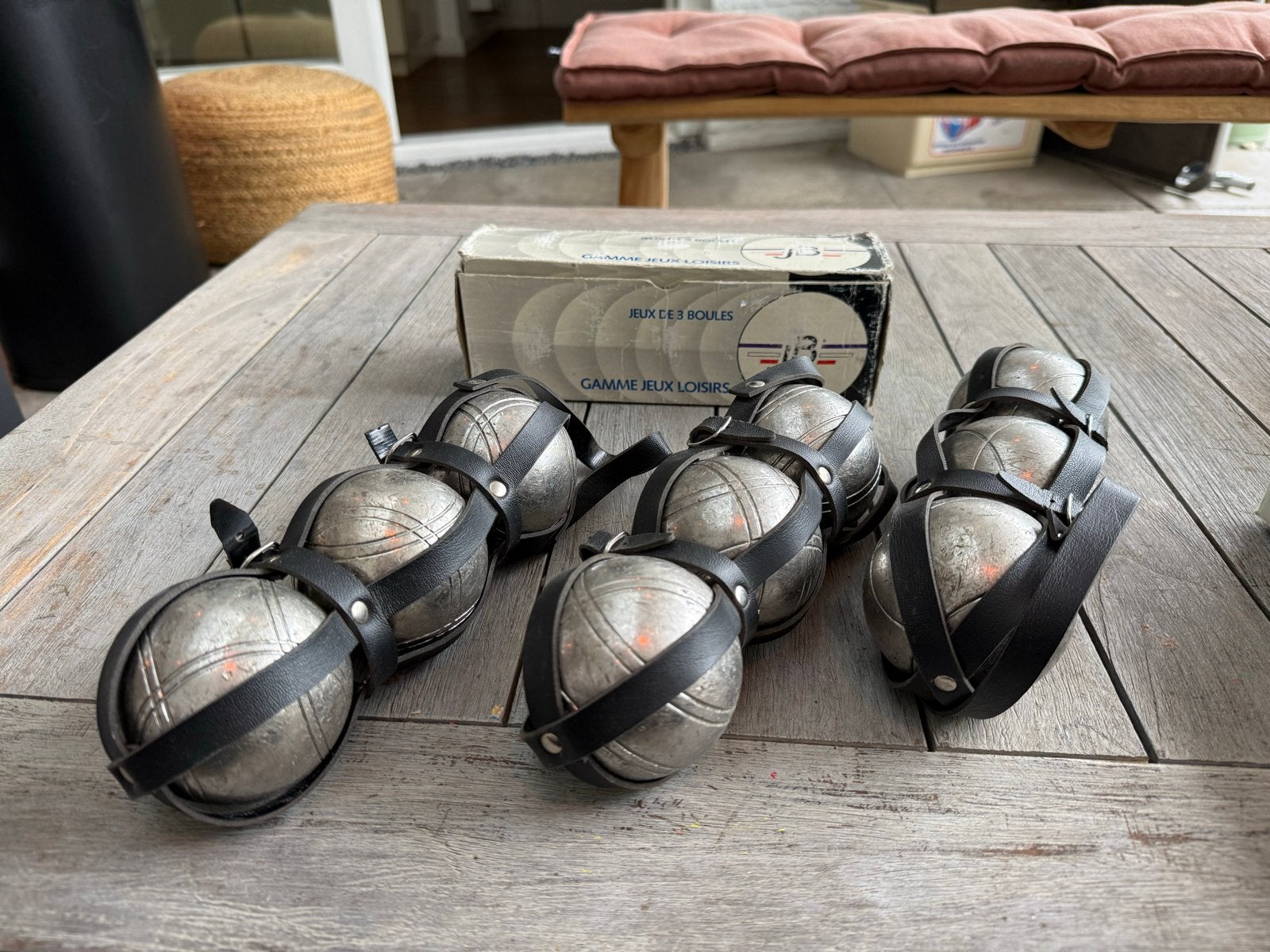JB Jeu de boules set - 3 sets van 3 ballen in draagriem, Ophalen of Verzenden, Gebruikt