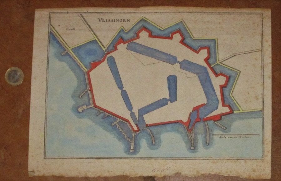 Vestingplattegrond Vlissingen - 17e eeuw - map - kaart, Cartografie, Gravure, Handgekleurd, 1600 - 1699