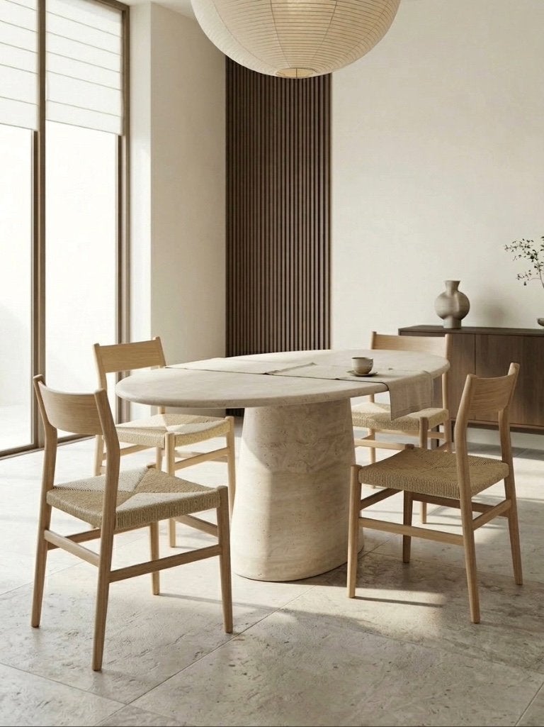 Spectaculaire ovale travertin eettafel, Ophalen, Overige materialen, 100 tot 150 cm, Japandi, ibiza, wabi sabi, minimalistisch