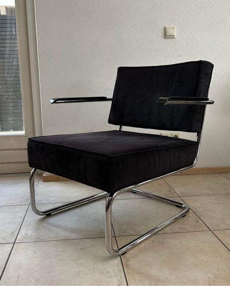 Zuiver Ridge fauteuil | zwart ribstof | chroom | set of los, Ophalen, Zo goed als nieuw, 50 tot 75 cm