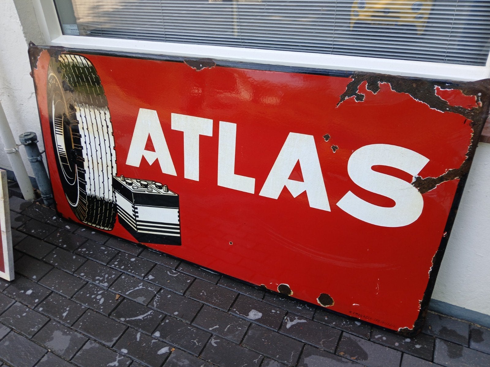 Emaille bord ATLAS banden en accu's, Verzamelen, Ophalen, Reclamebord, Gebruikt, Info@atlastires.be