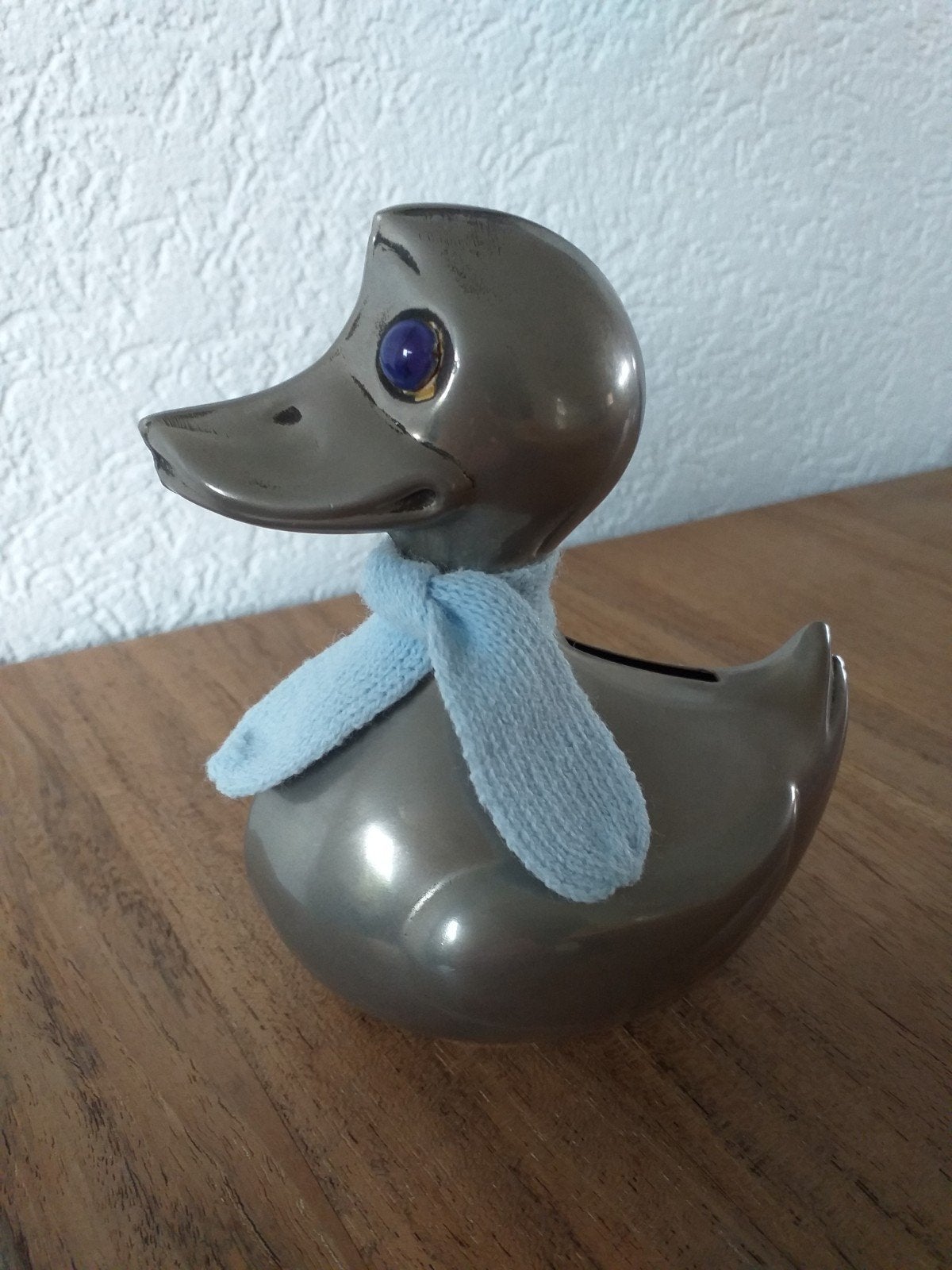Verzilverd eendje met blauwe sjaal - Decoratie, Ophalen of Verzenden, Gebruikt, Zilver, Metaal