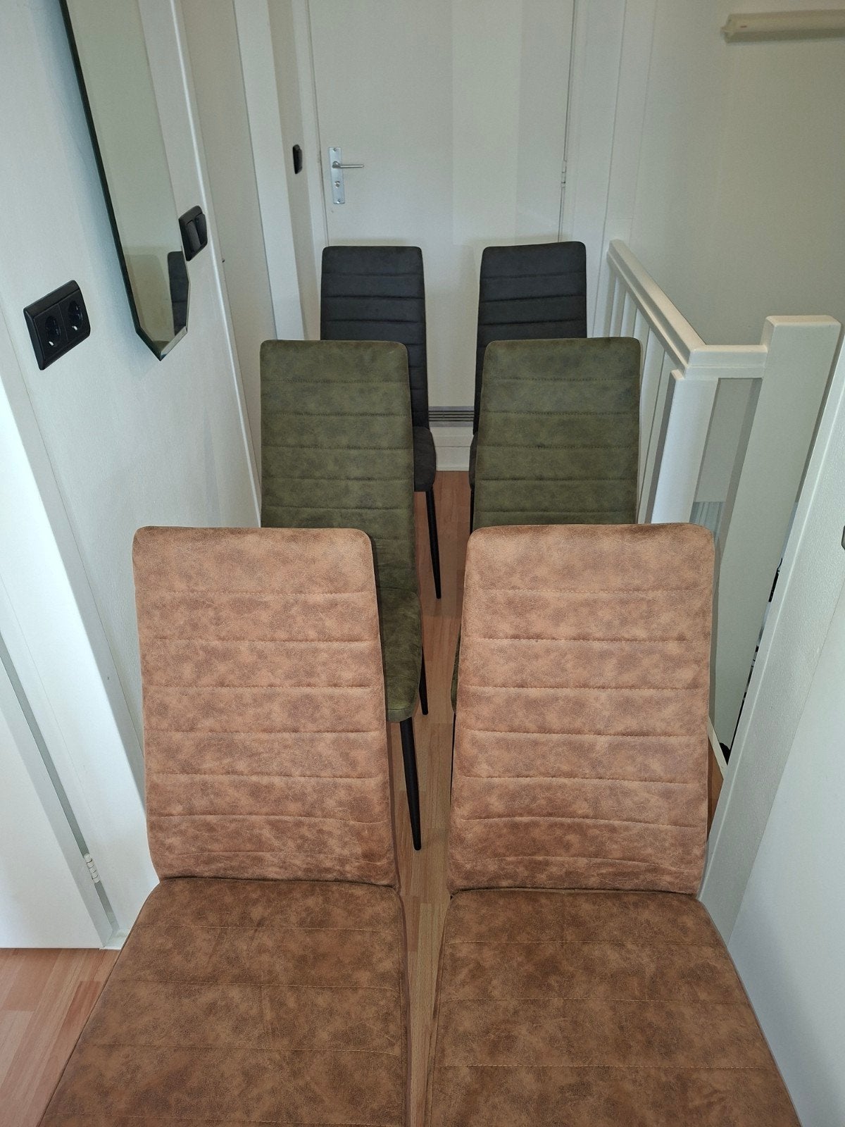 6 eettafel stoelen, Huis en Inrichting, Stoelen, Gebruikt, Bruin, Ophalen of Verzenden, Stof