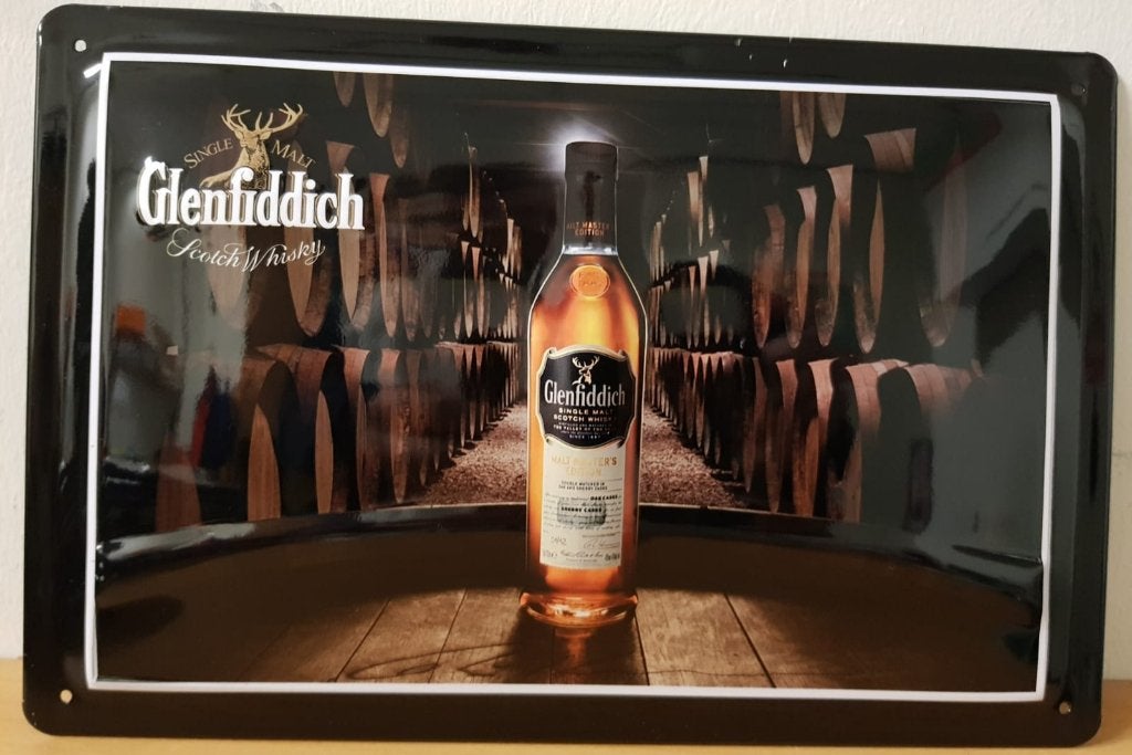 Glenfiddich Fles relief reclamebord van metaal wandbord deco, Verzamelen, Reclamebord, Info@deconoord.nl, Deco Noord, Nieuw