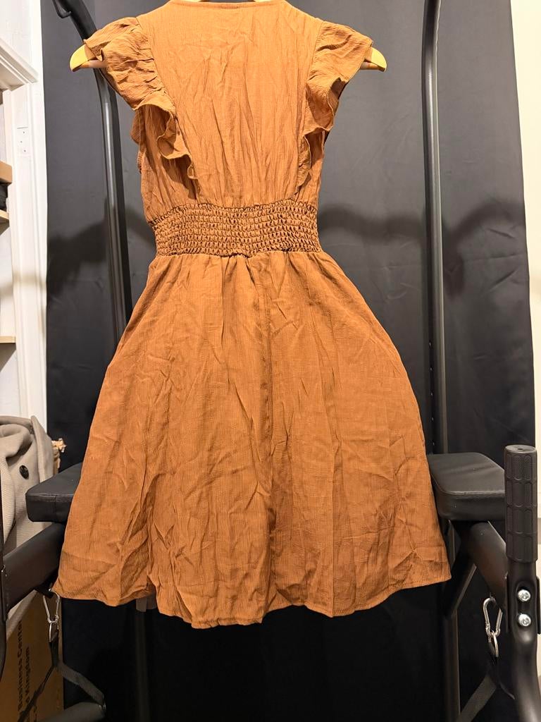 Zomerjurk met ruches en smock taille, Maat 38/40 (M), Bruin, Ophalen of Verzenden, Zo goed als nieuw