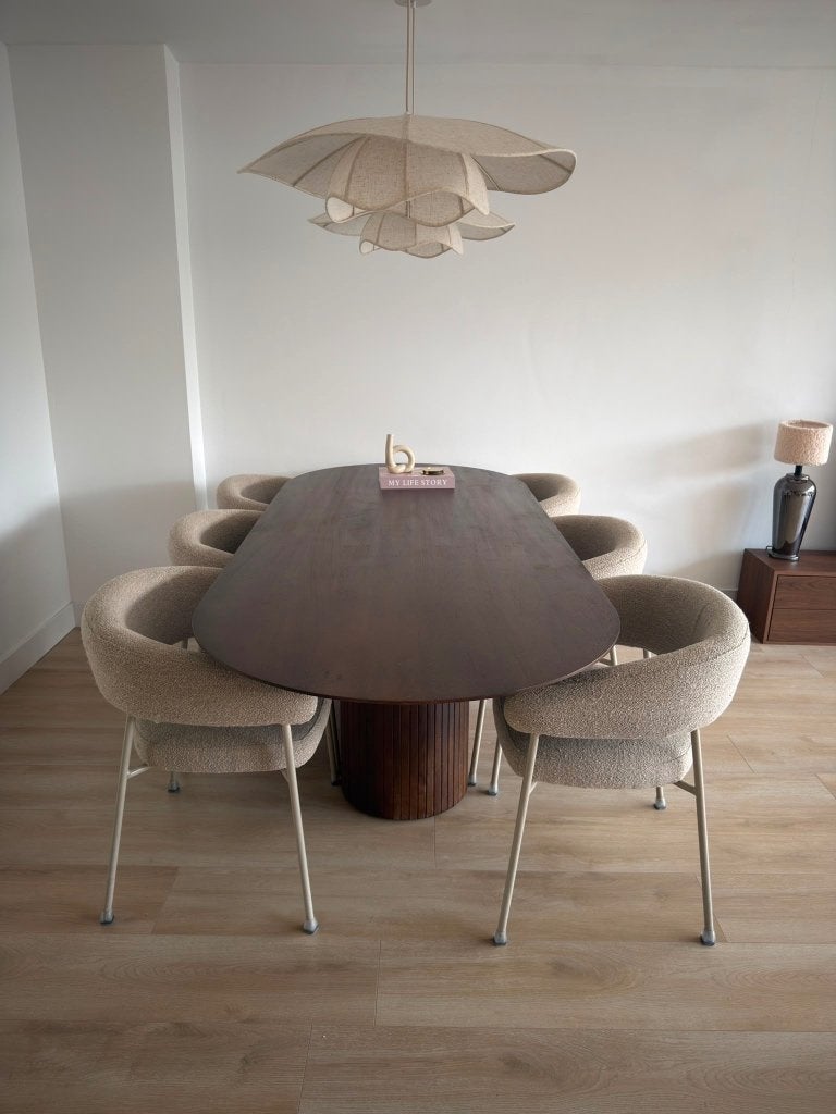 Eettafel (Gigameubel) + 6 stoelen (Karwei) (mangohout), Ophalen, Japandi, 100 tot 150 cm, 200 cm of meer