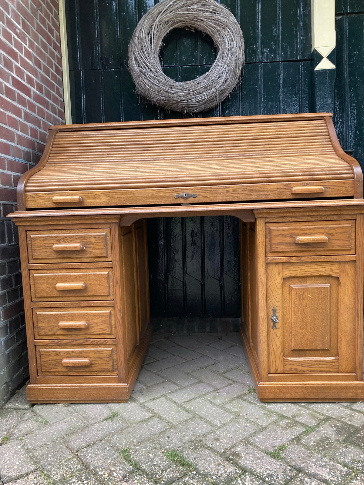 Massief eiken cylinderbureau. Bieden!, Huis en Inrichting, Bureaus, Ophalen, Gebruikt, Secretaire, Antiek
