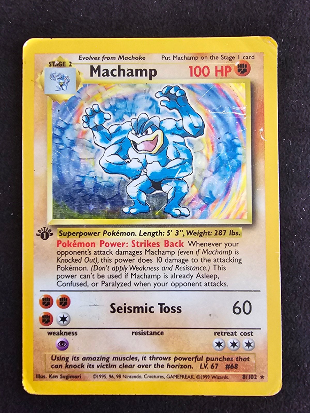 Dark Machamp 8/102 1st Edition Pokémon Kaart, Ophalen of Verzenden, Gebruikt, Losse kaart