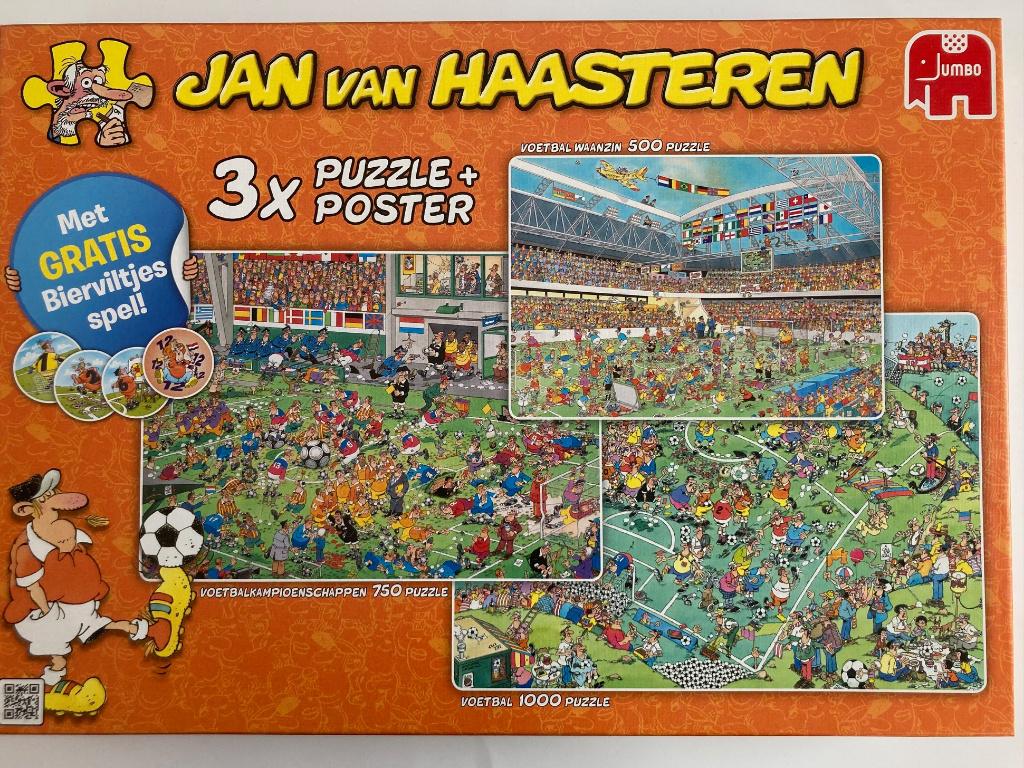 Jan van Haasteren voetbalpuzzels, 3 in 1 doos, Ophalen of Verzenden, 500 t/m 1500 stukjes, Zo goed als nieuw, Legpuzzel