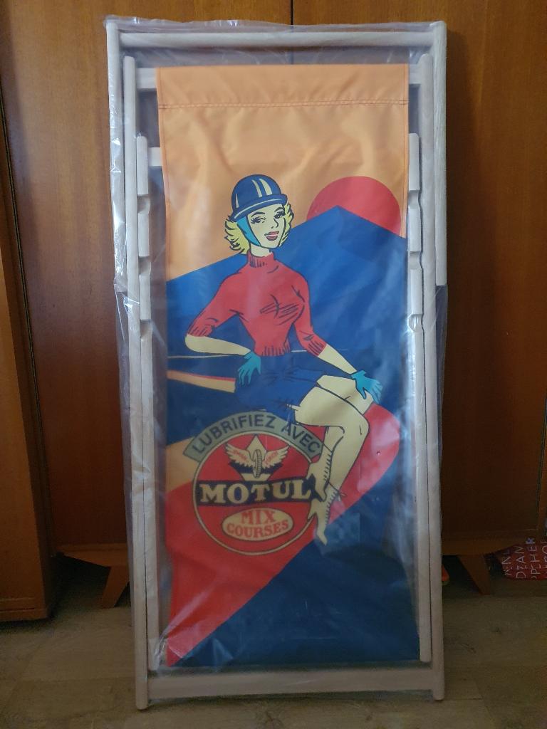 Nieuwe strandstoel met fraaie retro opdruk, Ophalen, Nieuw, Hout, Verstelbaar