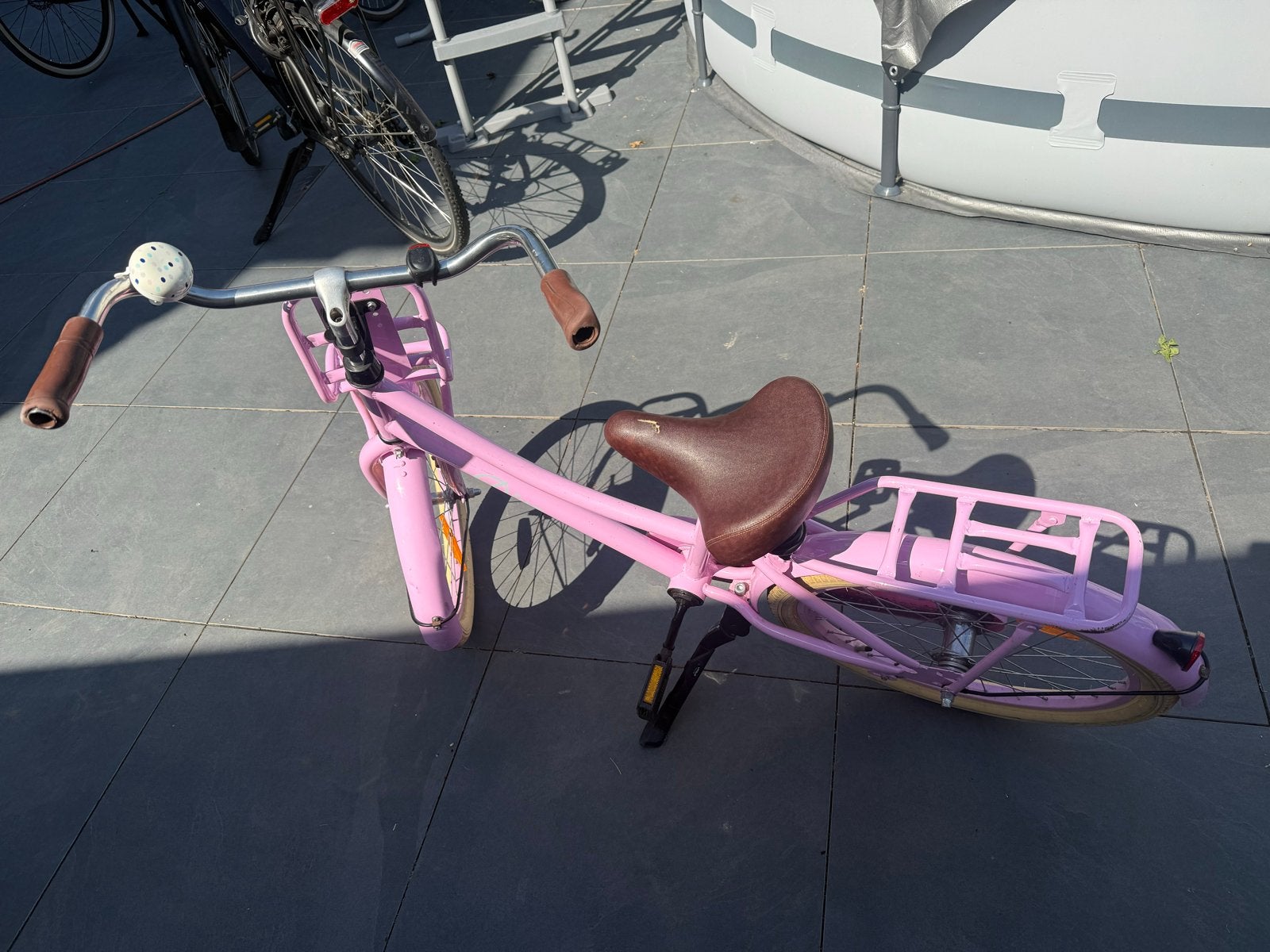 Roze kinderfiets 20 inch met voordrager en bagagedrager, Ophalen, Gebruikt, Velgrem, 20 inch of meer