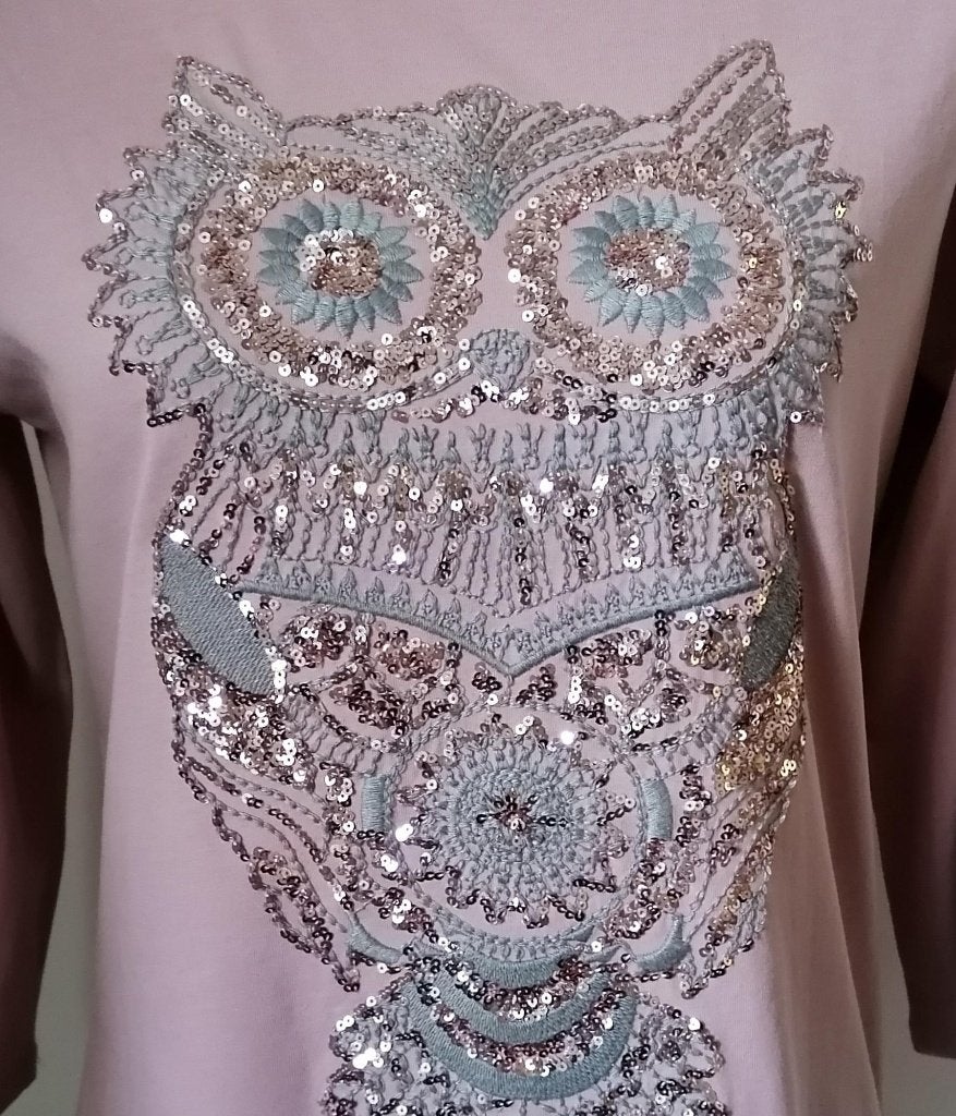 SUPER GAAF oudroze t-shirt met uil van vele pailletjes mt. M, Kleding | Dames, Maat 38/40 (M), Nieuw, Ophalen of Verzenden, Lange mouw