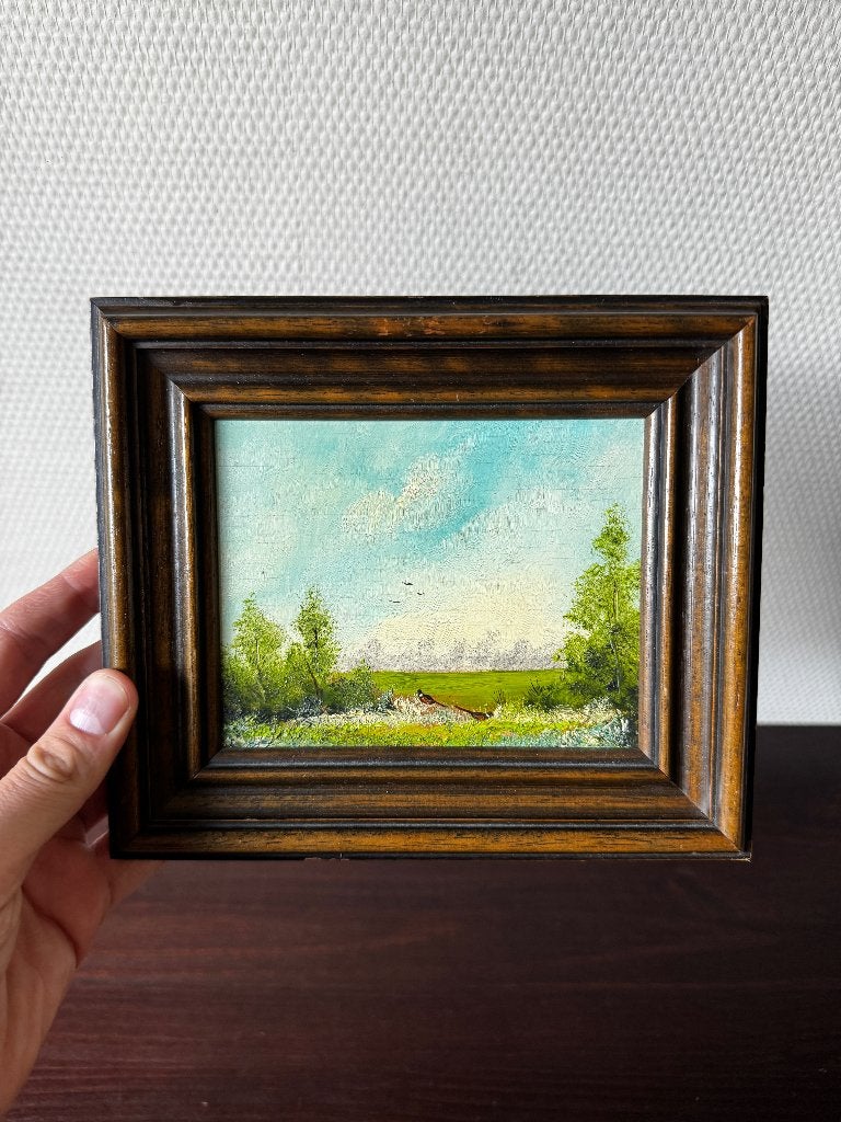 Vintage Schilderij in Houtenlijst, Fazanten in Weide, Ophalen of Verzenden, Gebruikt, Schilderij
