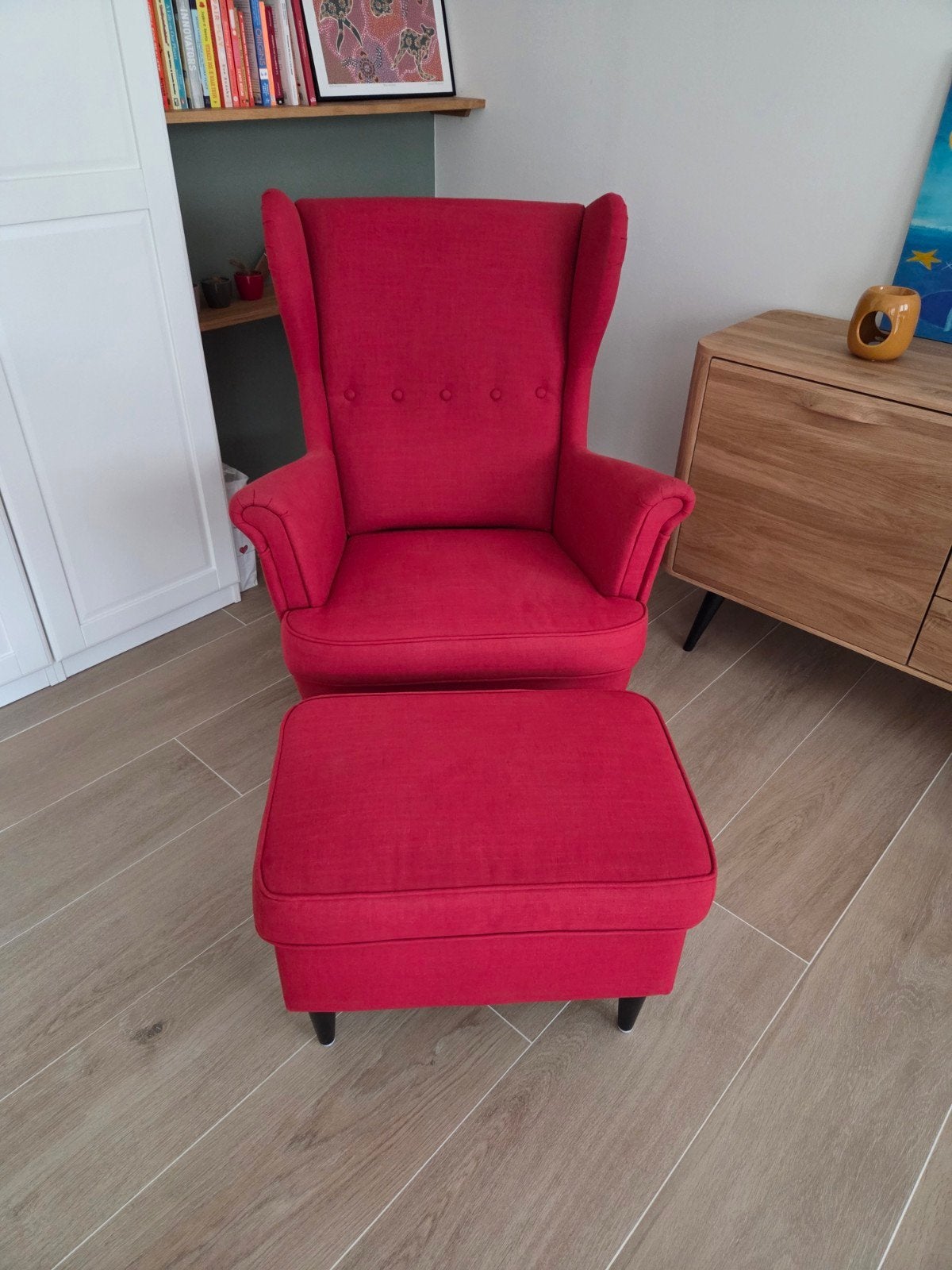 Ikea Strandmon fauteuil met voetenbank, Huis en Inrichting, Fauteuils, Ophalen, Gebruikt, 75 tot 100 cm, Stof