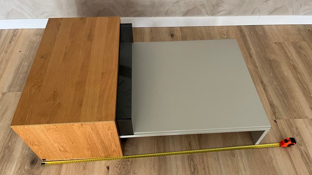 Hulsta Now Vision salontafel zijdegrijs met eiken, Ophalen, Gebruikt, 100 tot 150 cm, Eikenhout