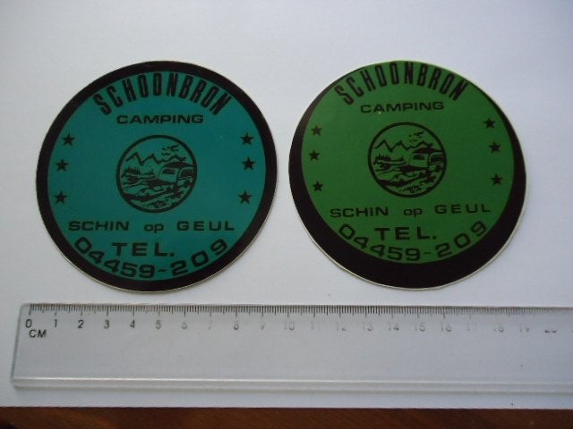 sticker oud SCHIN OP GEUL Schoonbron camping camper retro, Verzenden, Zo goed als nieuw, Bedrijf of Vereniging