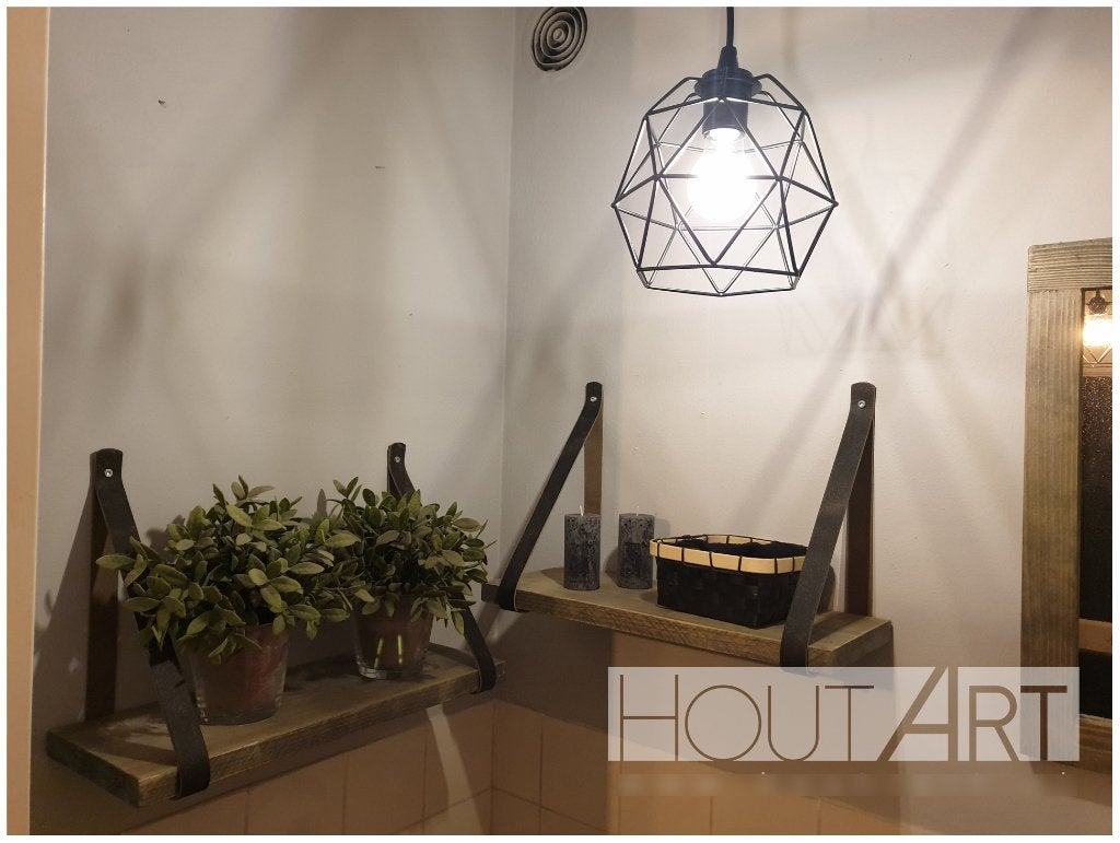 Wandplank steigerhout met leren plankdragers, Info@hout-art.nl, Nieuw, Ophalen of Verzenden, Hoeves 3 in Schijndel