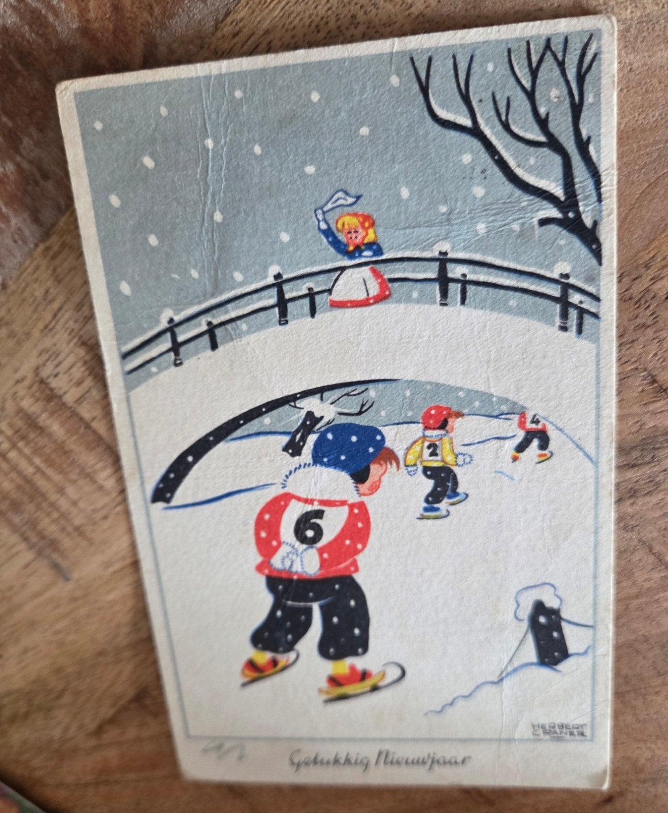 Oude Nieuwjaarskaart Schaatsen - Herbert Craner, Verzamelen, Verzenden, 1920 tot 1940, Gelopen, Feest(dag)