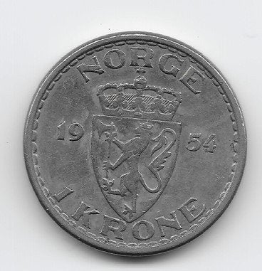 Noorwegen 1 krone 1954 KM# 397.2, Verzenden, Overige landen, Losse munt