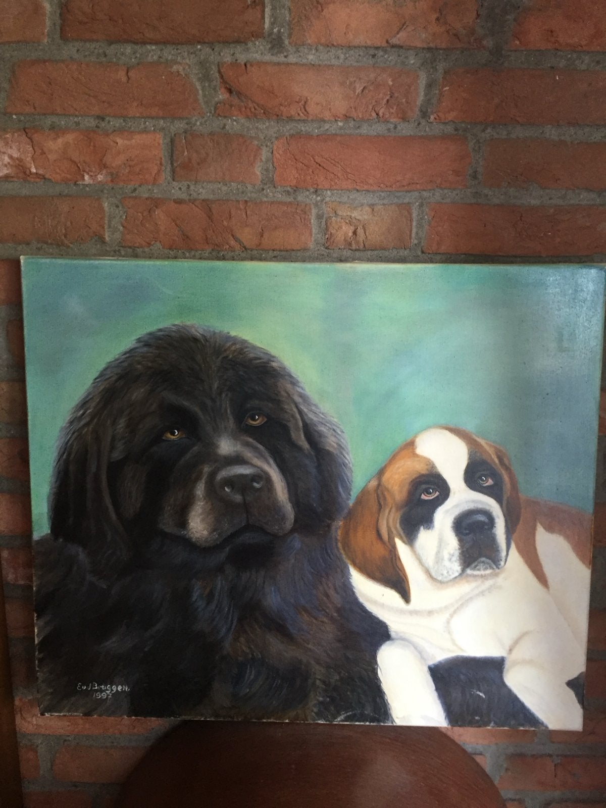 Olieverfschilderij Sint Bernard en Newfoundlander, Antiek en Kunst, Doek, Dieren, Ophalen of Verzenden, Handgeschilderd