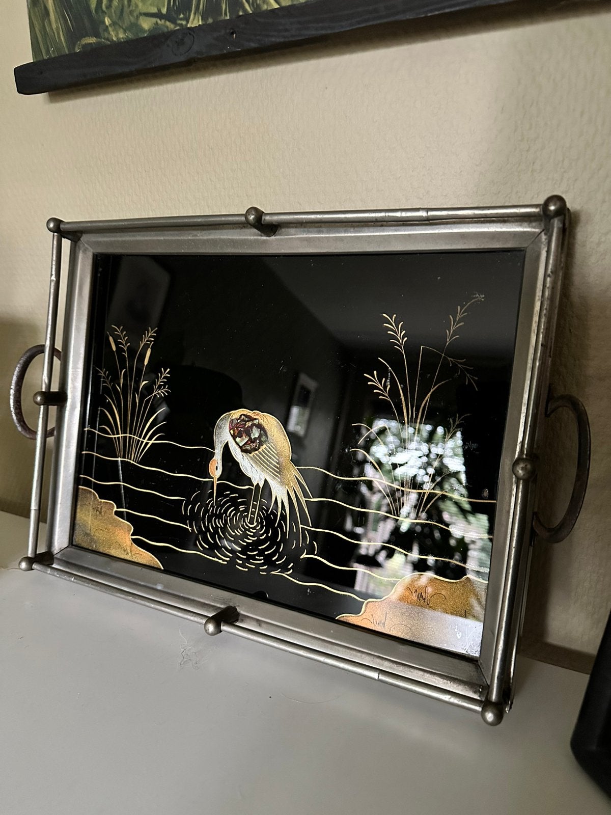 Art Deco theeblad glas parelmoer, Gebruikt, Ophalen of Verzenden, Dienblad, Metaal