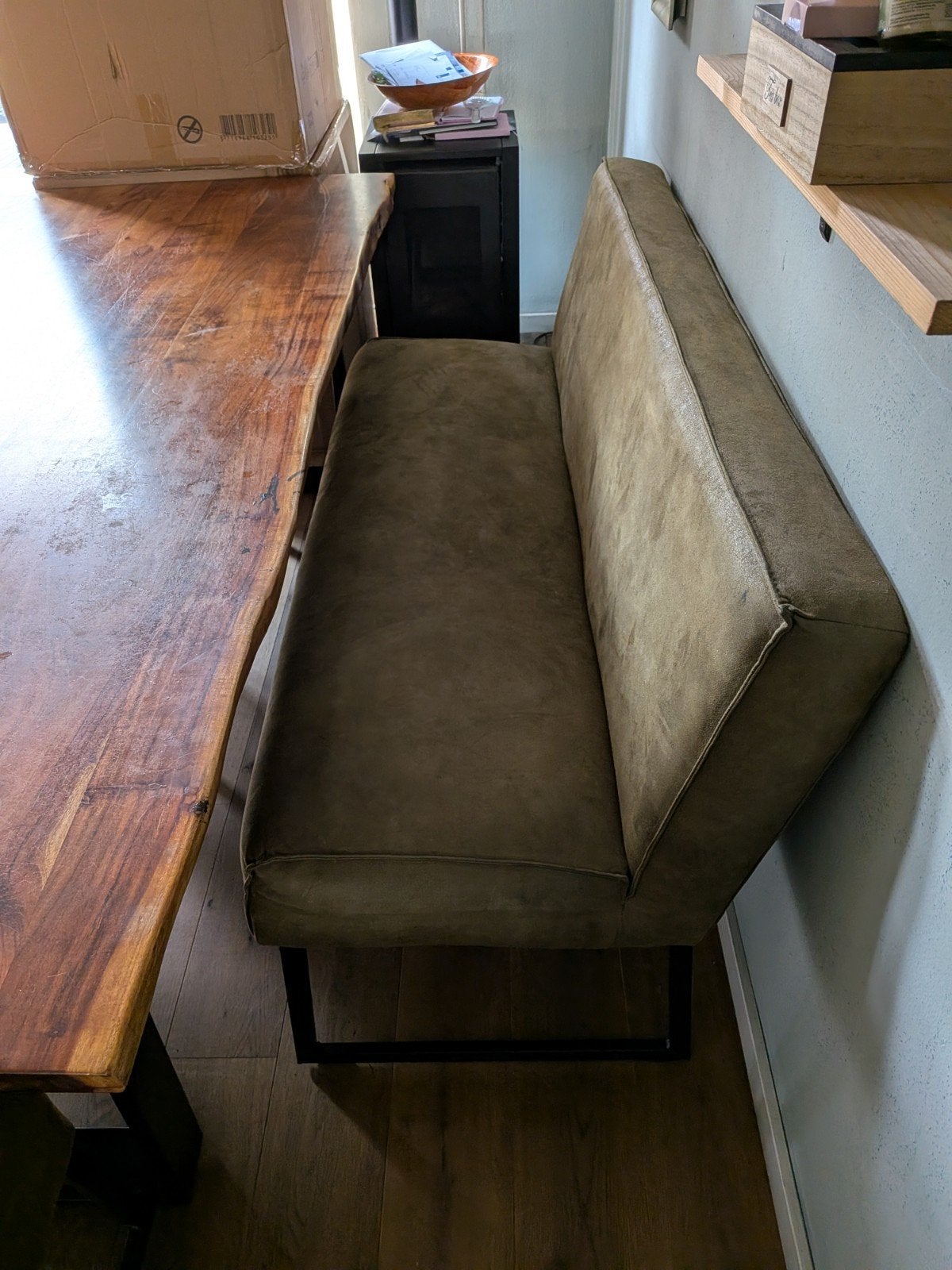eetkamer bank en stoelen olijfgroen, 200 cm of meer, 50 tot 100 cm, Zo goed als nieuw, Vijf personen of meer