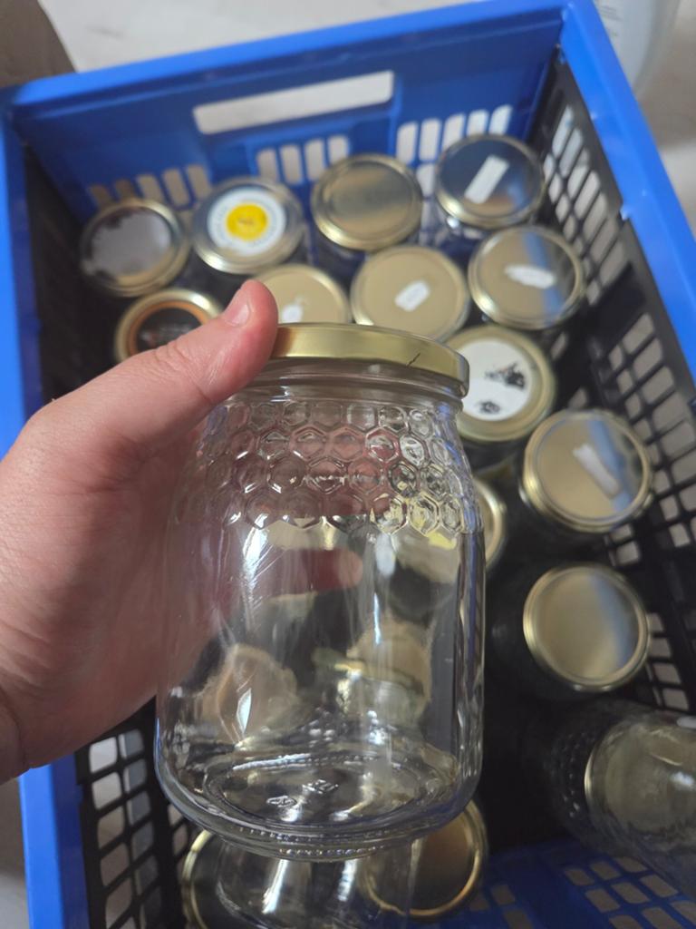 Glazen potten met deksel - honingpotten, Glas, Ophalen of Verzenden, Zo goed als nieuw, Voorraadpot
