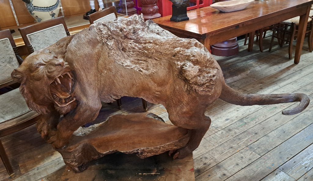 Unieke beeld houten kunstwerk prachtige levensgrote tijger, Ophalen
